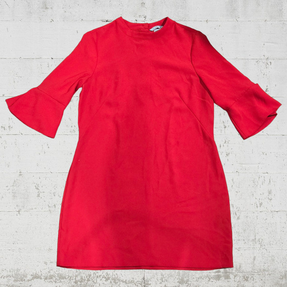 H & M Cherry Red Mock Neck Bell Ruffle Sleeve Retro Shift Mini Dress Size 12 - Picture 1 of 7